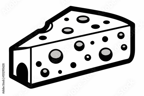 Cartoon wedge of cheese with holes and black outline  vector, silhouette, illustration, horizontal, isolated assets, 