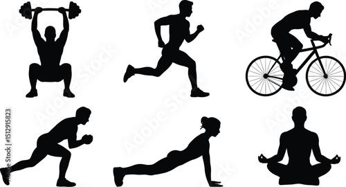 Silhouettes depicting various fitness activities including weightlifting running cycling and yoga postures