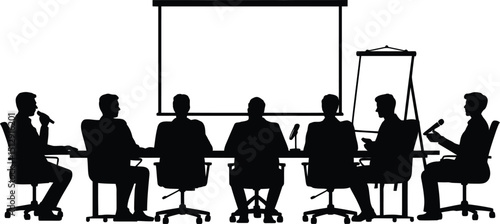 Silhouette of people in a meeting room with a projector screen and flip chart on a white background