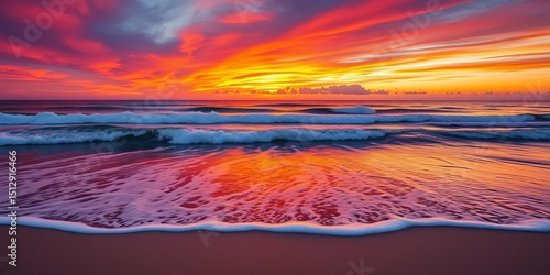 Fiery orange and purple sunset paints the tranquil ocean waves on a sandy beach, photography, peaceful