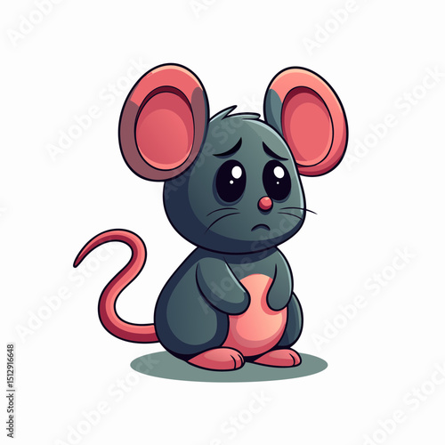 Vector illustration of a sad cartoon mouse with big eyes and a pink belly on a white background