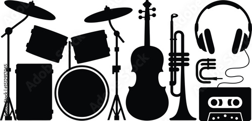 Silhouette illustration of musical instruments including drums violin trumpet and headphones on a gray background
