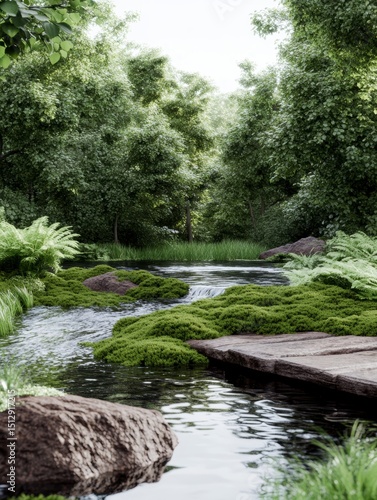 Serene Forest Stream Mossy Rocks and Tranquil Waters