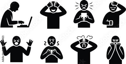 Set of black and white stick figure illustrations depicting various negative emotions and mental states shown