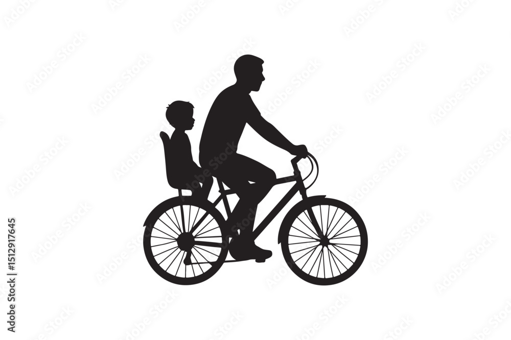 Fototapeta premium Dad and child on bike silhouette vector art illustration on white background