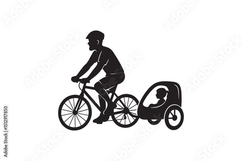 Dad biking with kid trailer silhouette vector art illustration on white background