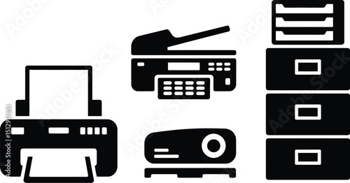 Illustration of office equipment including printer copier projector and filing cabinet in black and white