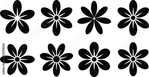 Eight black flower icons with varying petal counts arranged on a white background in a symmetrical pattern