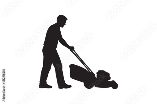 Dad mowing lawn silhouette vector art illustration on white background