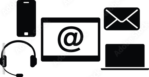 A black and white illustration depicting communication devices and an at symbol on a screen icon set