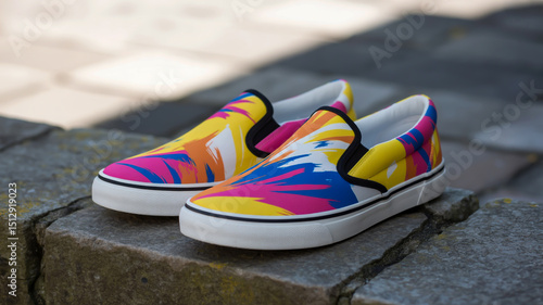 A pair of colorful slip-on sneakers photographed on a textured gray stone surface