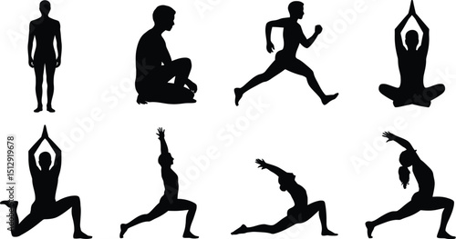 Silhouette figures demonstrating various yoga poses and running on a white background in a vector style art