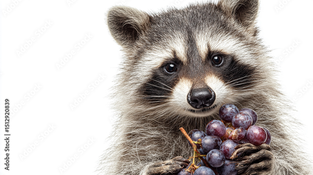 Obraz premium Adorable Raccoon Portrait Holding a Bunch of Grapes on a White Background Featuring its Distinctive Facial Markings and Expressive Eyes Perfect for Wildlife and Animal Lovers