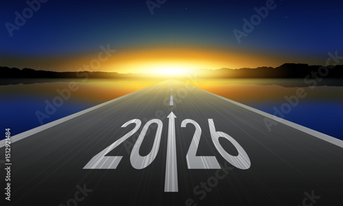Happy New Year 2026 design with Text 2026 written on the road in the middle of asphalt road at sunrise.