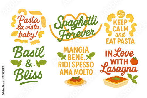 Colorful vector set of pasta-related quotes with decorative food elements, isolated on white background.