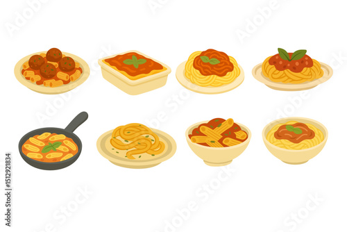 Tasty vector set of various pasta meals in bowls and plates, isolated on white background.