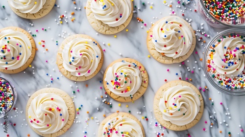 Festive holiday cookie decorating scene with sugar cookies royal icing and colorful sprinkles