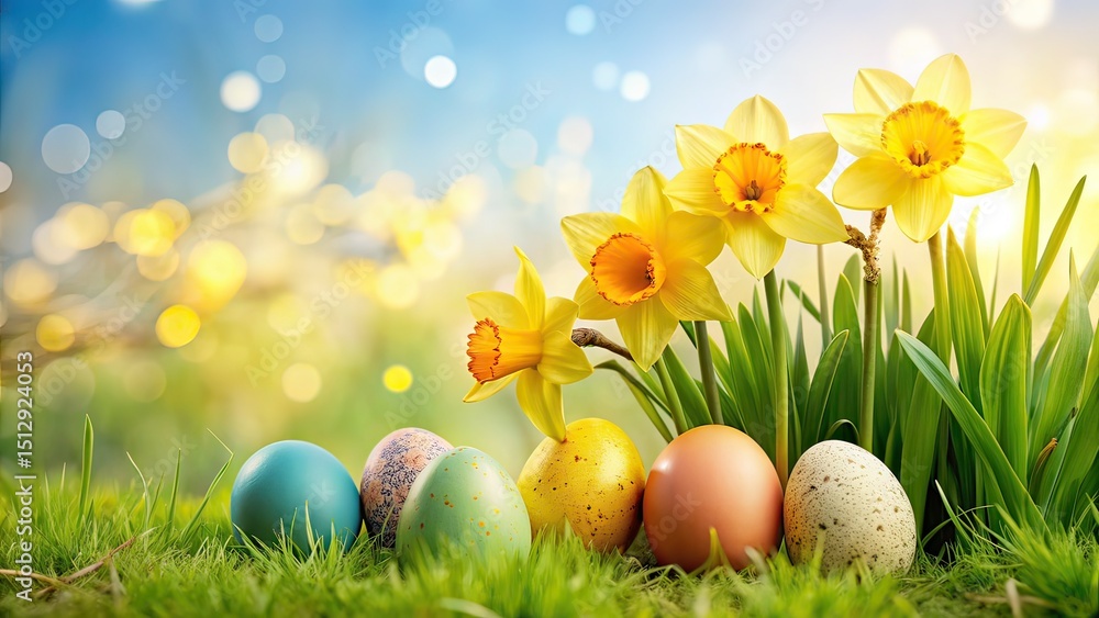Fototapeta premium Spring Daffodils and Speckled Eggs - Sunny Field