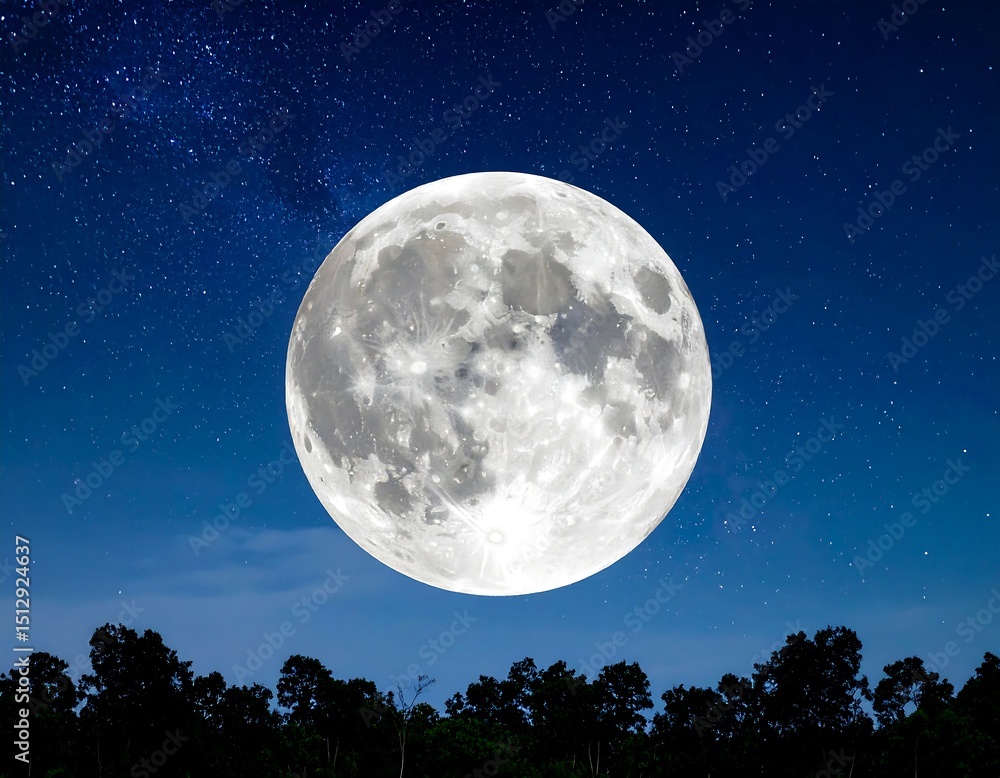 Naklejka premium Full moon over trees at night