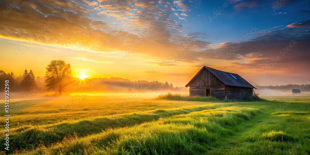 Sunrise Meadow Misty Morning Countryside Architecture Sunrise Meadow Misty Morning Countryside Architecture