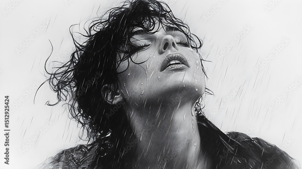 Fototapeta premium A dramatic pencil sketch of a woman with wet, curly hair clinging to her face, strong expression of defiance, rain implied in background strokes. Created Using: expressive graphite textures,