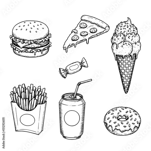 Fast foods hand drawn illustration. Burger, pizza, ice cream, french fries, donut, candy