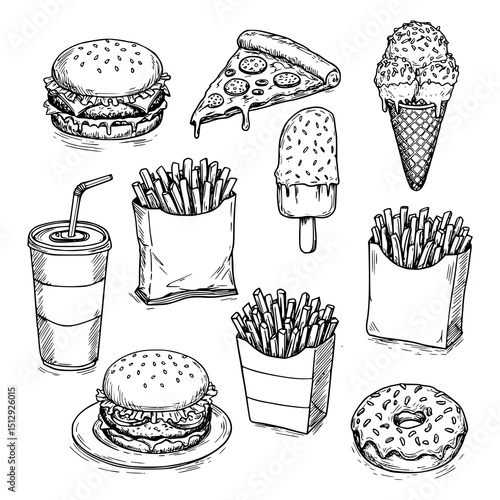 Fast foods hand drawn illustration. Burger, pizza, ice cream, french fries, donut