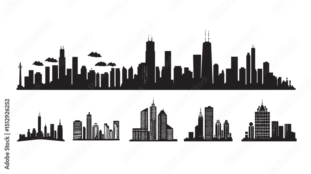 Naklejka premium Modern City skyline . city silhouette. vector illustration , black silhouettes isolated on white background