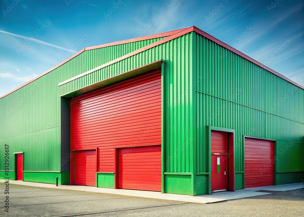 Fototapeta premium Tilt-Shift Industrial Building with Red Garage Door