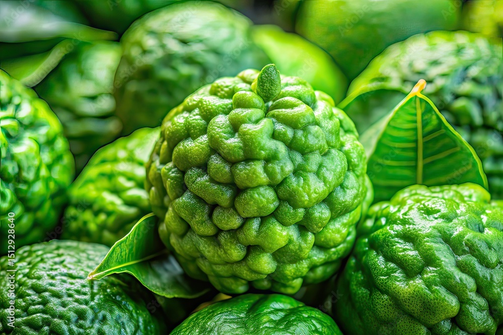 Fototapeta premium Vibrant Green Kaffir Lime Panoramic Close-up | Culinary Botanical Photography