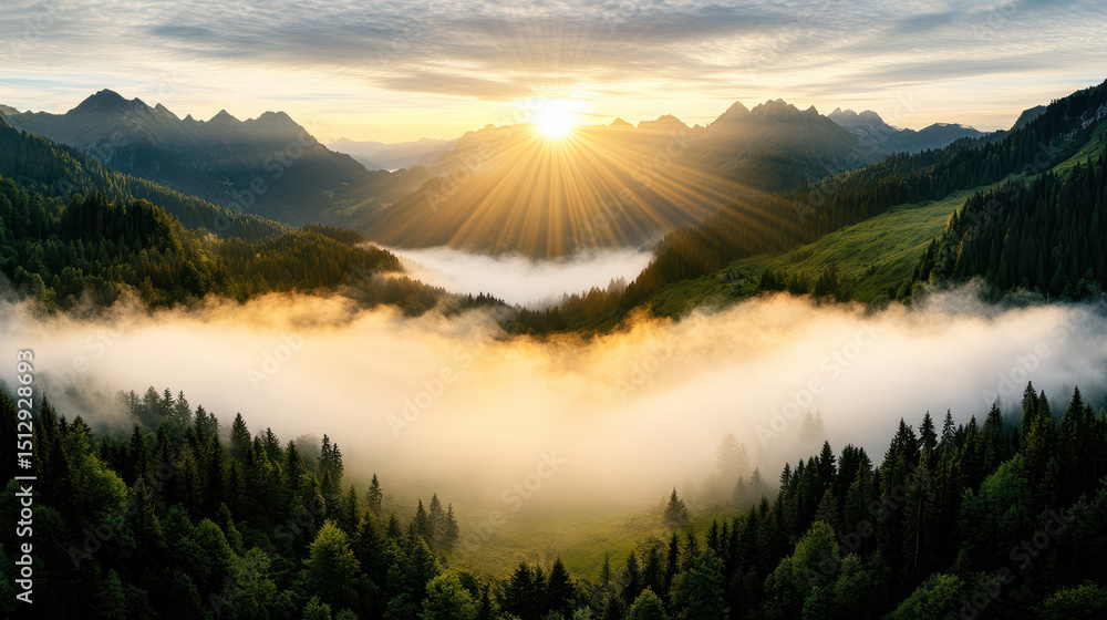 Fototapeta premium Breathtaking sunrise over foggy valley, illuminating mountain peaks and lush forests
