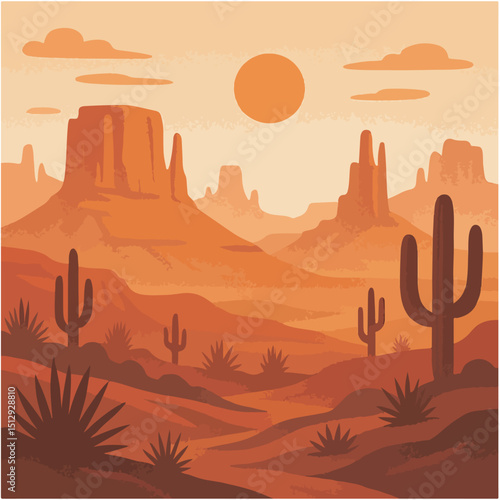 Desert landscape vector with cactus and mesas in warm orange tones. Minimalist sunset scenery perfect for posters, web, adventure themes, travel graphics, retro prints, and Western style projects.