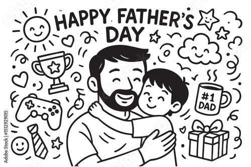 Vector background in black and white, themed for Father’s Day, with clear black outlines framing icons such as neckties, gifts, and messages.

