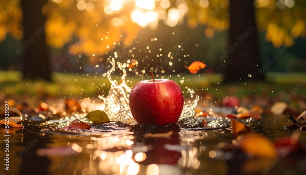 Fototapeta premium Red apple splashing in puddle, autumnal setting