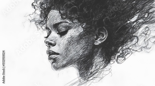 A stylized pencil sketch of a woman with tangled curls and bold features, one side of her face in shadow, background abstract graphite texture. Created Using: chiaroscuro pencil contrast,