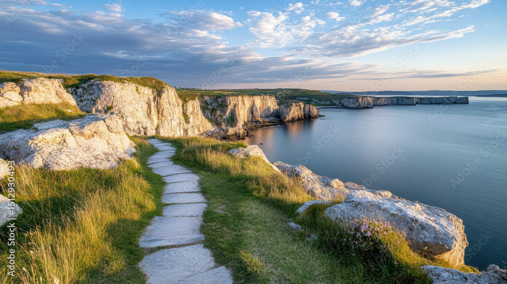 Obraz premium Scenic path winding along cliffs during golden hour, showcasing tranquil waters and dramatic