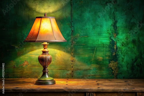 Vintage Table Lamp on Wooden Table, Green Wall, Night Photography, AI Photo