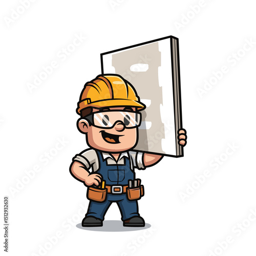 Smiling Cartoon Construction Worker Holding Drywall Sheet