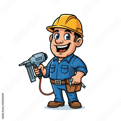 Smiling Cartoon Construction Worker with Nail Gun and Tools