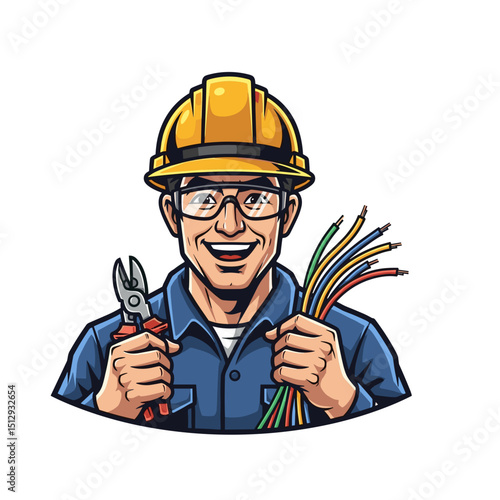 Smiling Electrician Holding Wires and Pliers in Pixel Art Style