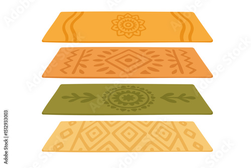 Vector illustration of four colorful yoga mats with decorative patterns, isolated on white background.