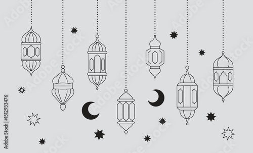 Golden Ramadan arabian lanterns and lamps. Ramadan Kareem Eid Mubarak islam religion holiday vector background with gold line hanging lanterns, muslim crescent moon, arabian lamps and stars garland
