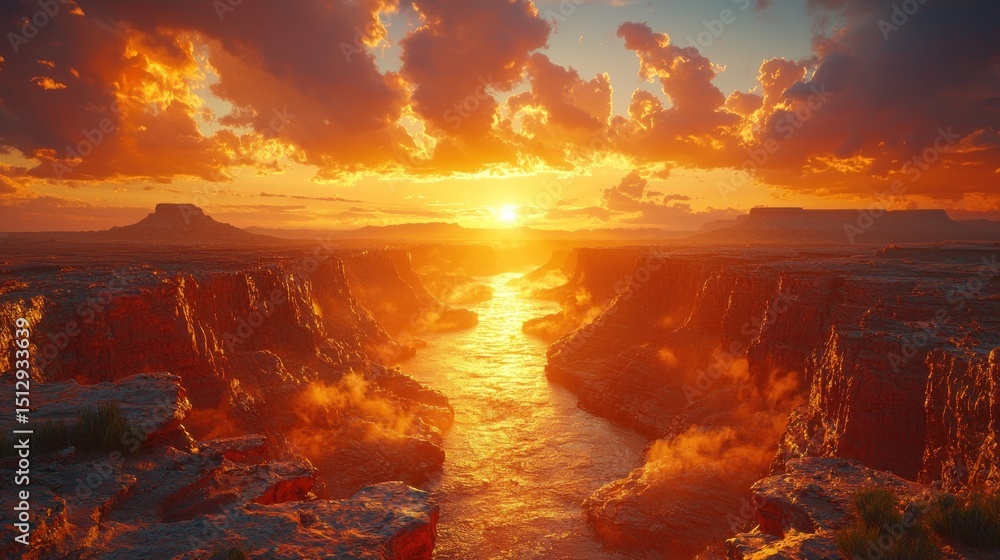 Fototapeta premium Sunset over a canyon river. Vivid colors paint a dramatic scene