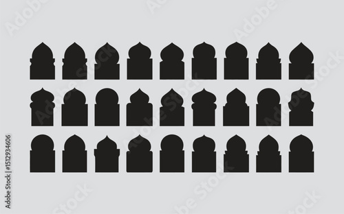 Traditional islamic window shapes in oriental style. Set of black silhouette eid mubarak decorative arches, mosque borders or moroccan gates. Arabic muslim architecture design elements, ramadan