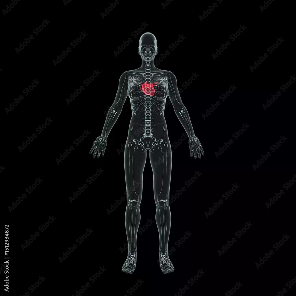 Transparent Human Skeleton with Red Heart 3D Anatomy Visualization Medically Accurate Transparent Human Skeleton with Red Heart 3D Anatomy Visualization Medically Accurate