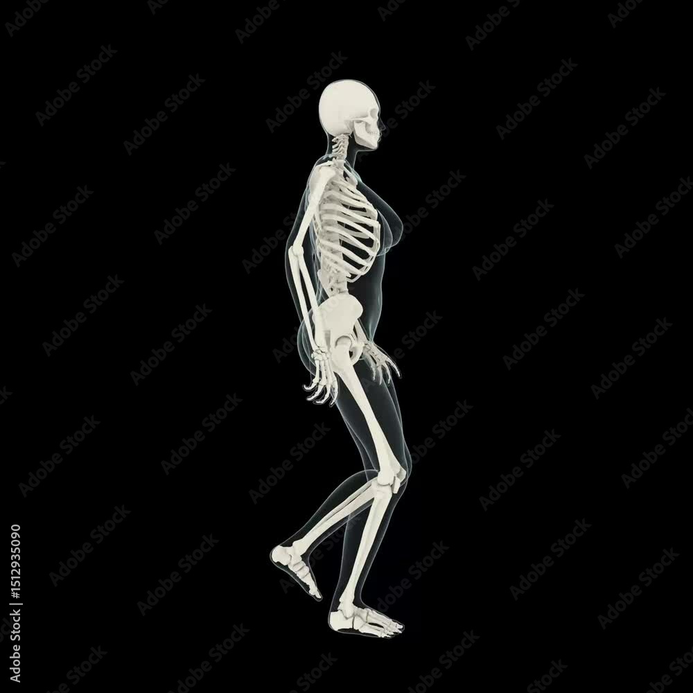Realistic Human Skeleton Illustration with Transparent Body in Motion on Black Background Realistic Human Skeleton Illustration with Transparent Body in Motion on Black Background