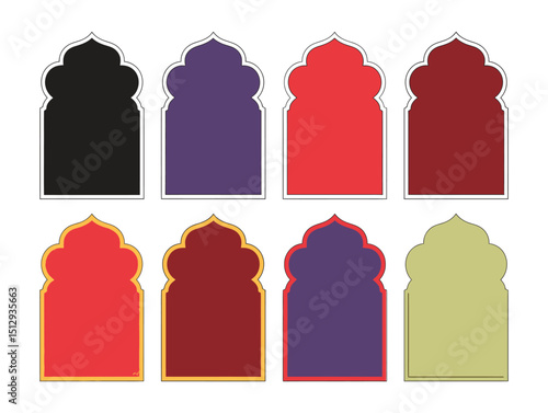 Islamic shape door or window with vignette border. Mughal Muslim architecture mosque gates. Rajasthani style backdrop frames. Beautiful window Arabic arcs for Ramadan Kareem. Overlay 