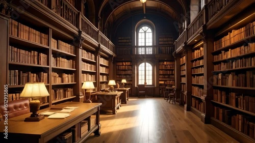 Wallpaper Mural Elegant library interior with dark wood bookshelves, antique lamps, and desks bathed in sunlight, creating an atmosphere of scholarly retreat Torontodigital.ca