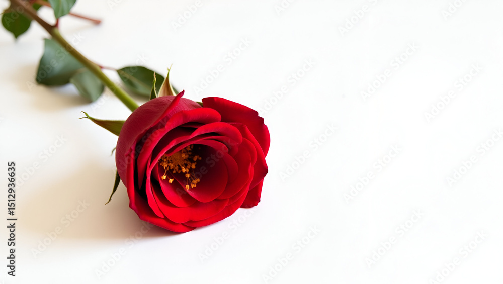 Fototapeta premium Elegant rose flower with green stem, resting on a pure white surface
