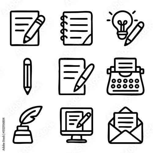 A set of doodle line icons representing writing, note-taking, content creation, and communication tools like pens, papers, and typewriters